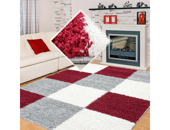 Tapijtenloods Basic Shaggy Geblokt vloerkleed Rood / Grijs Hoogpolig