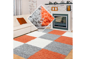 Basic Shaggy Geblokt vloerkleed Oranje / Grijs Hoogpolig