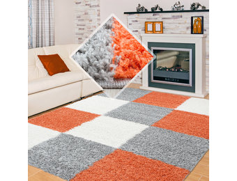 Tapijtenloods Basic Shaggy Geblokt vloerkleed Oranje / Grijs Hoogpolig
