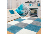 Tapijtenloods Basic Shaggy Geblokt vloerkleed Turquoise / Wit Hoogpolig