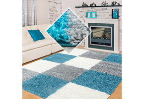 Basic Shaggy Geblokt vloerkleed Turquoise / Wit Hoogpolig