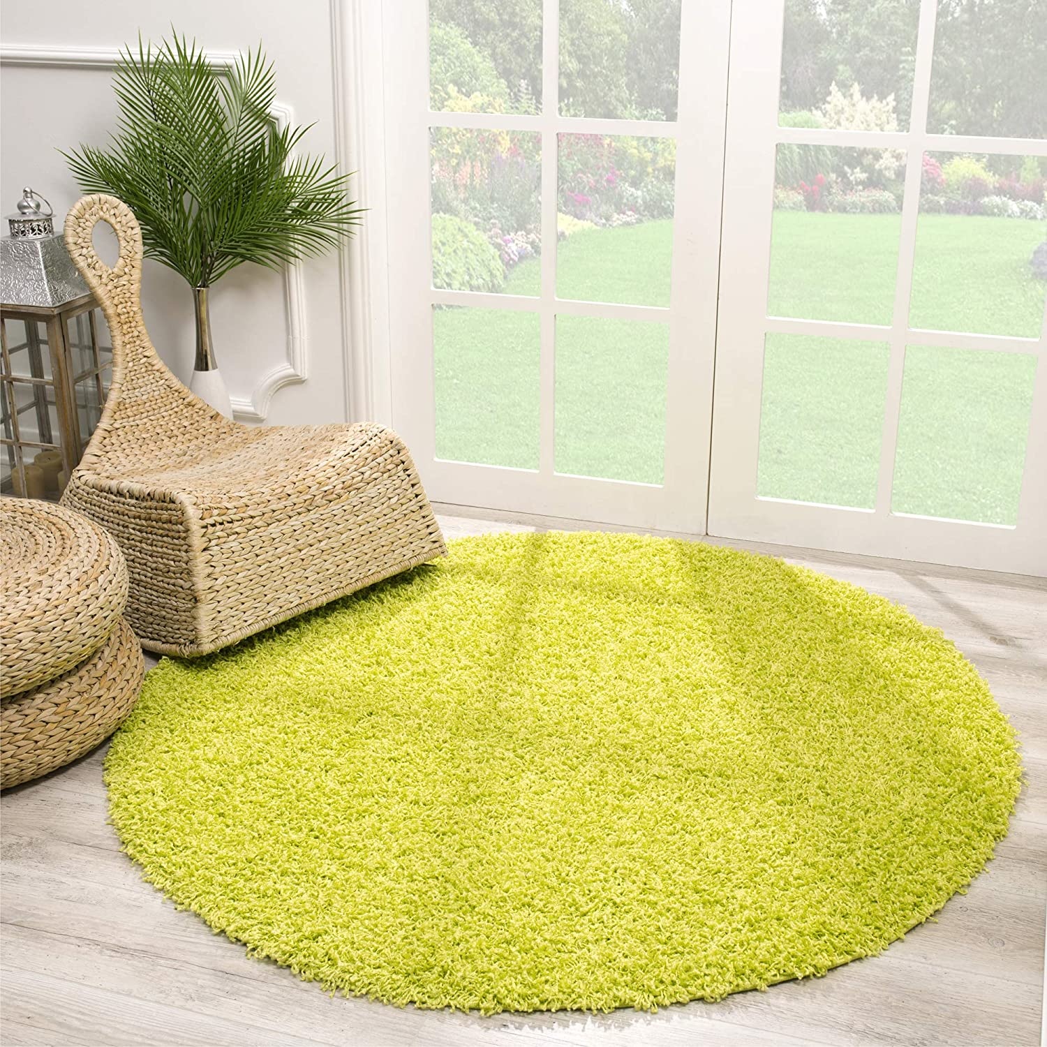 Rond Loca Shaggy Vloerkleed – Modern Uni Effen – Groen Hoogpolig & Zacht