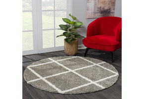 Hoogpolig Grijs Rond Vloerkleed – Madrid Ruit Shaggy Tapijt – Fluffy & Luxe