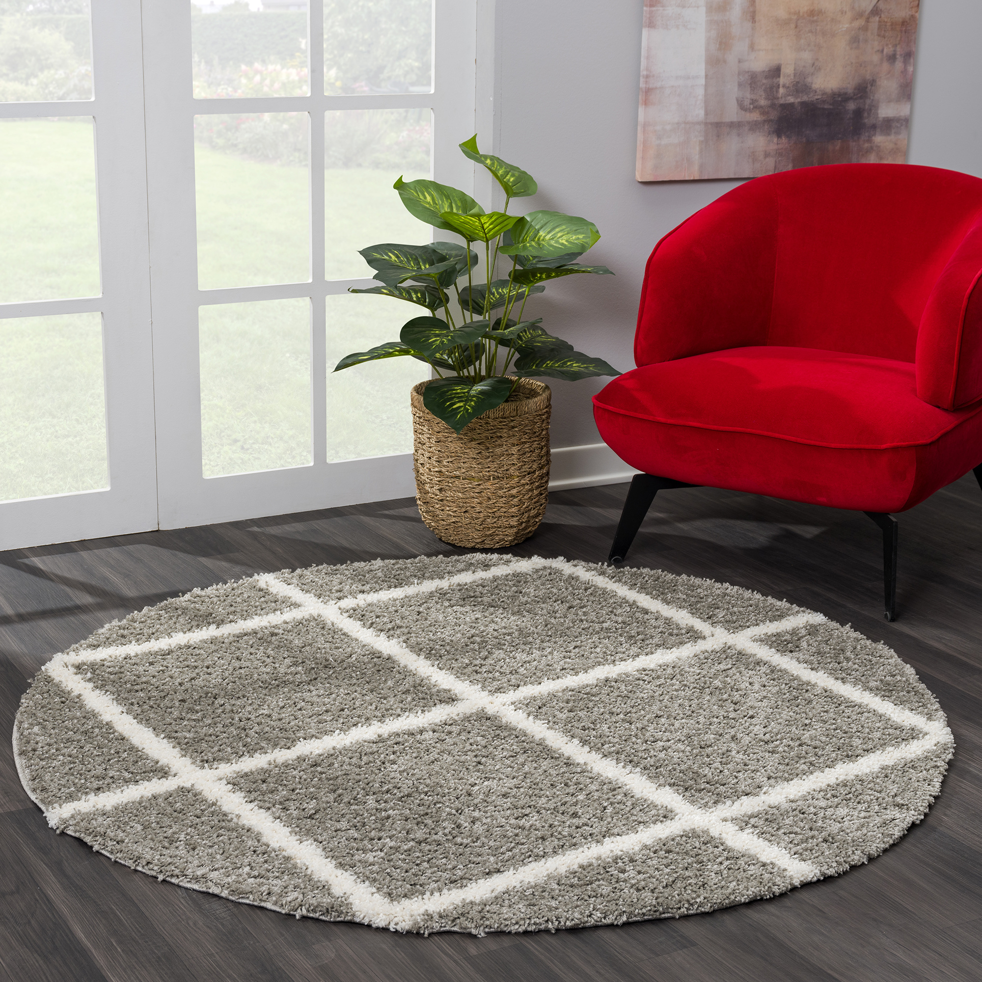 Hoogpolig Grijs Rond Vloerkleed – Madrid Ruit Shaggy Tapijt – Fluffy & Luxe