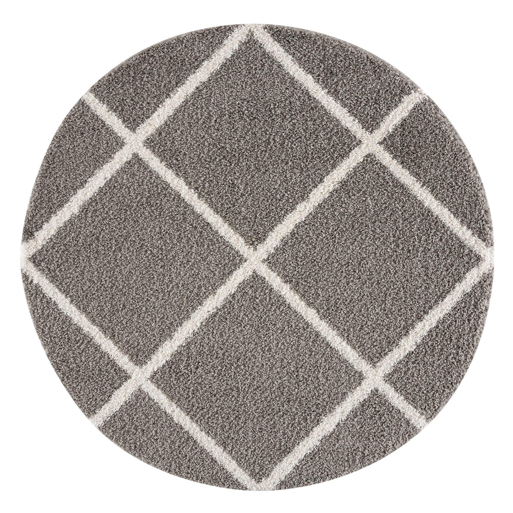 Hoogpolig Grijs Rond Vloerkleed – Madrid Ruit Shaggy Tapijt – Fluffy & Luxe
