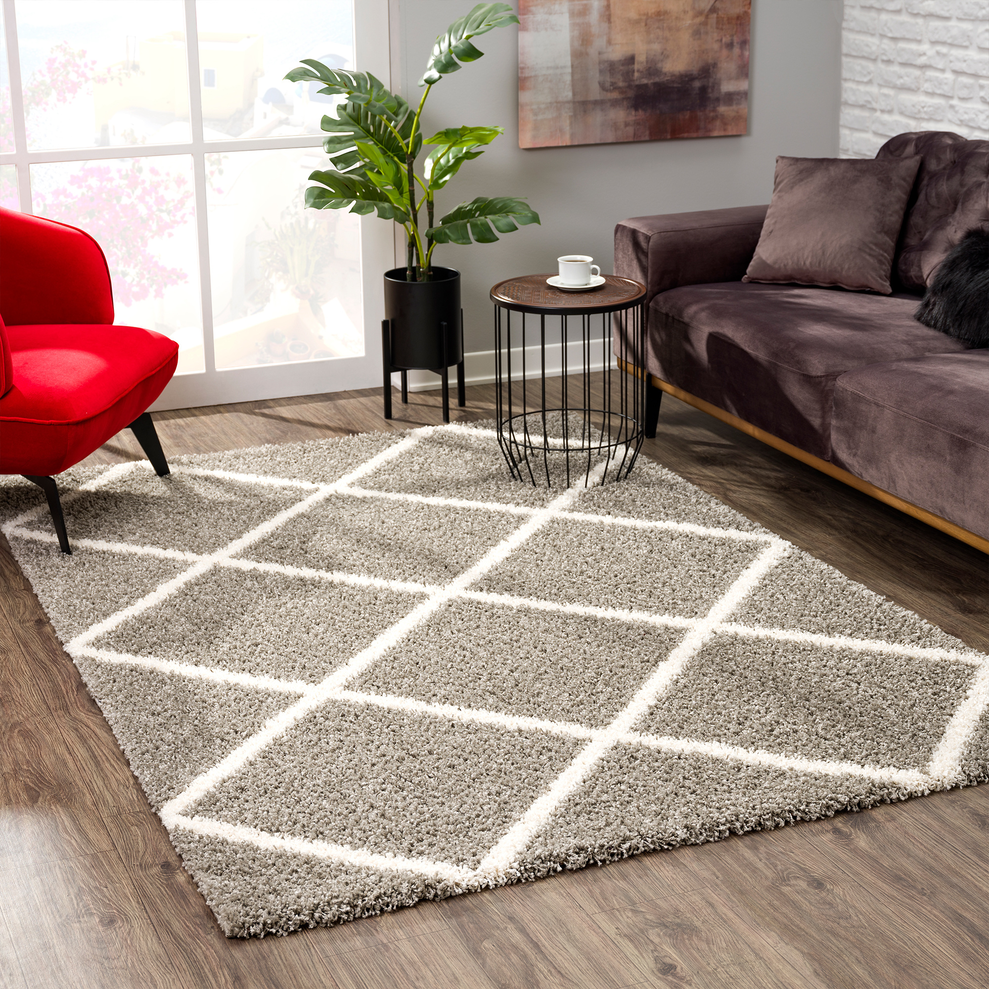 Hoogpolig Grijs Vloerkleed – Madrid Ruit Shaggy Tapijt – Fluffy & Luxe
