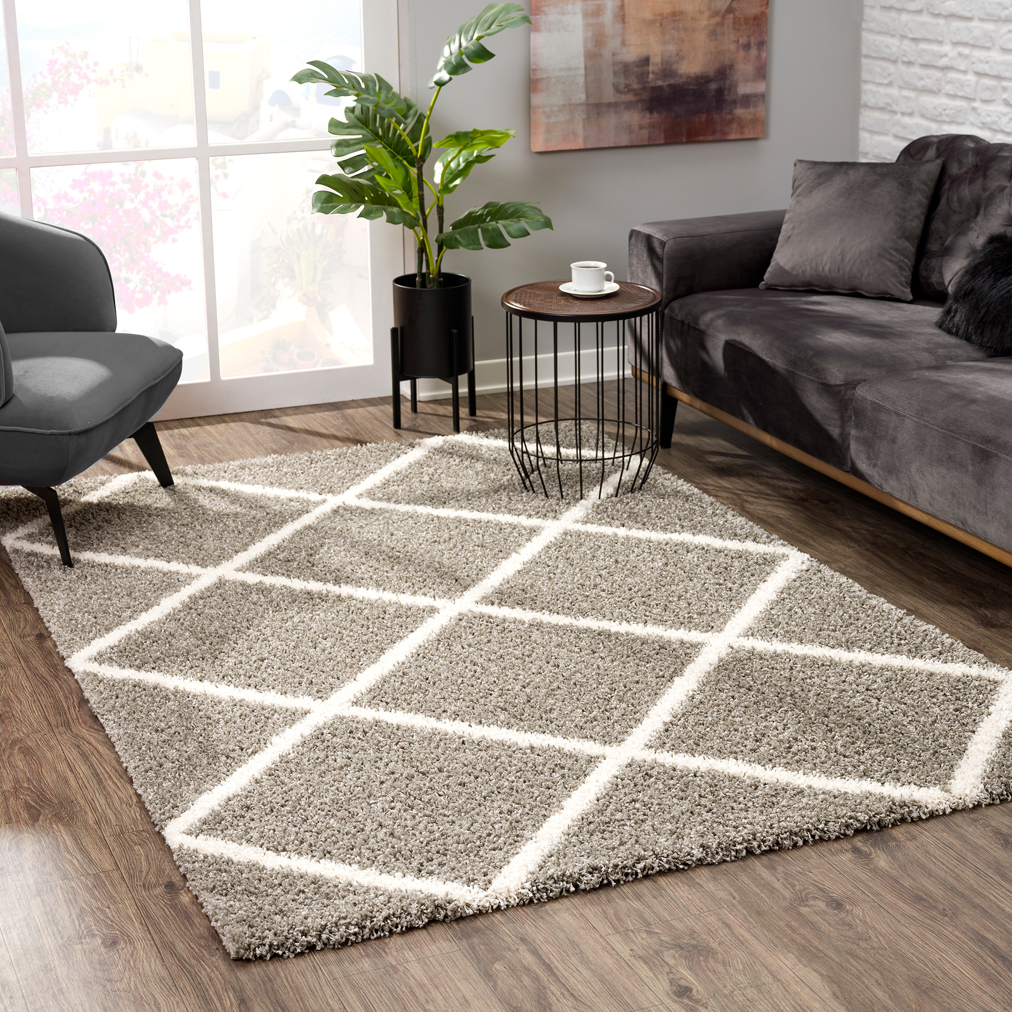 Hoogpolig Grijs Vloerkleed – Madrid Ruit Shaggy Tapijt – Fluffy & Luxe
