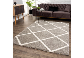 Hoogpolig Grijs Vloerkleed – Madrid Ruit Shaggy Tapijt – Fluffy & Luxe