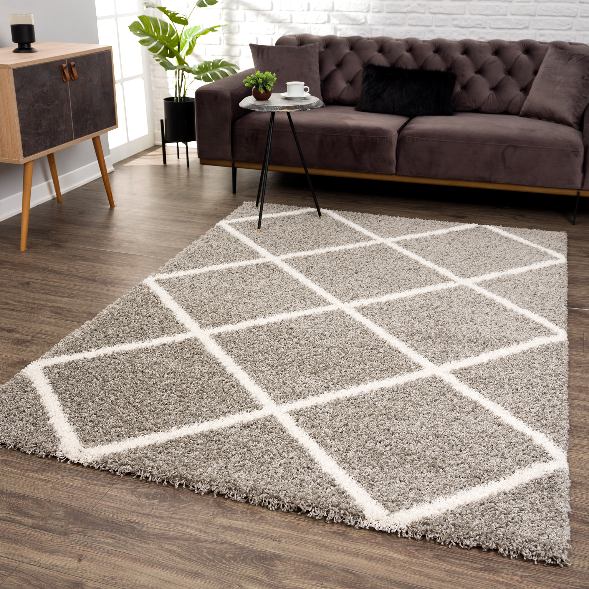 Hoogpolig Grijs Vloerkleed – Madrid Ruit Shaggy Tapijt – Fluffy & Luxe