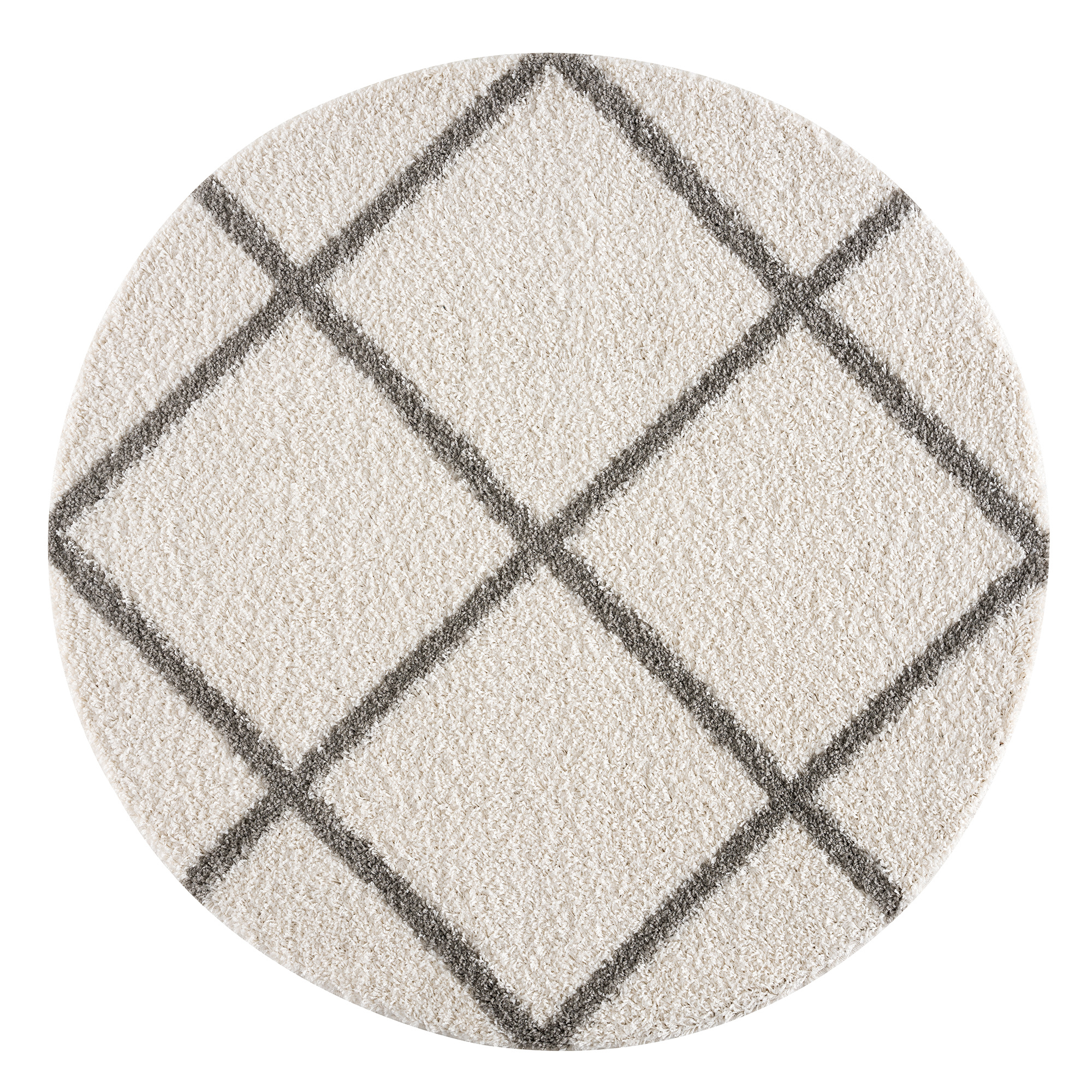 Hoogpolig Creme Rond Vloerkleed – Madrid Ruit Shaggy Tapijt – Fluffy & Luxe
