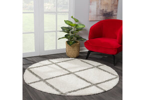 Hoogpolig Creme Rond Vloerkleed – Madrid Ruit Shaggy Tapijt – Fluffy & Luxe