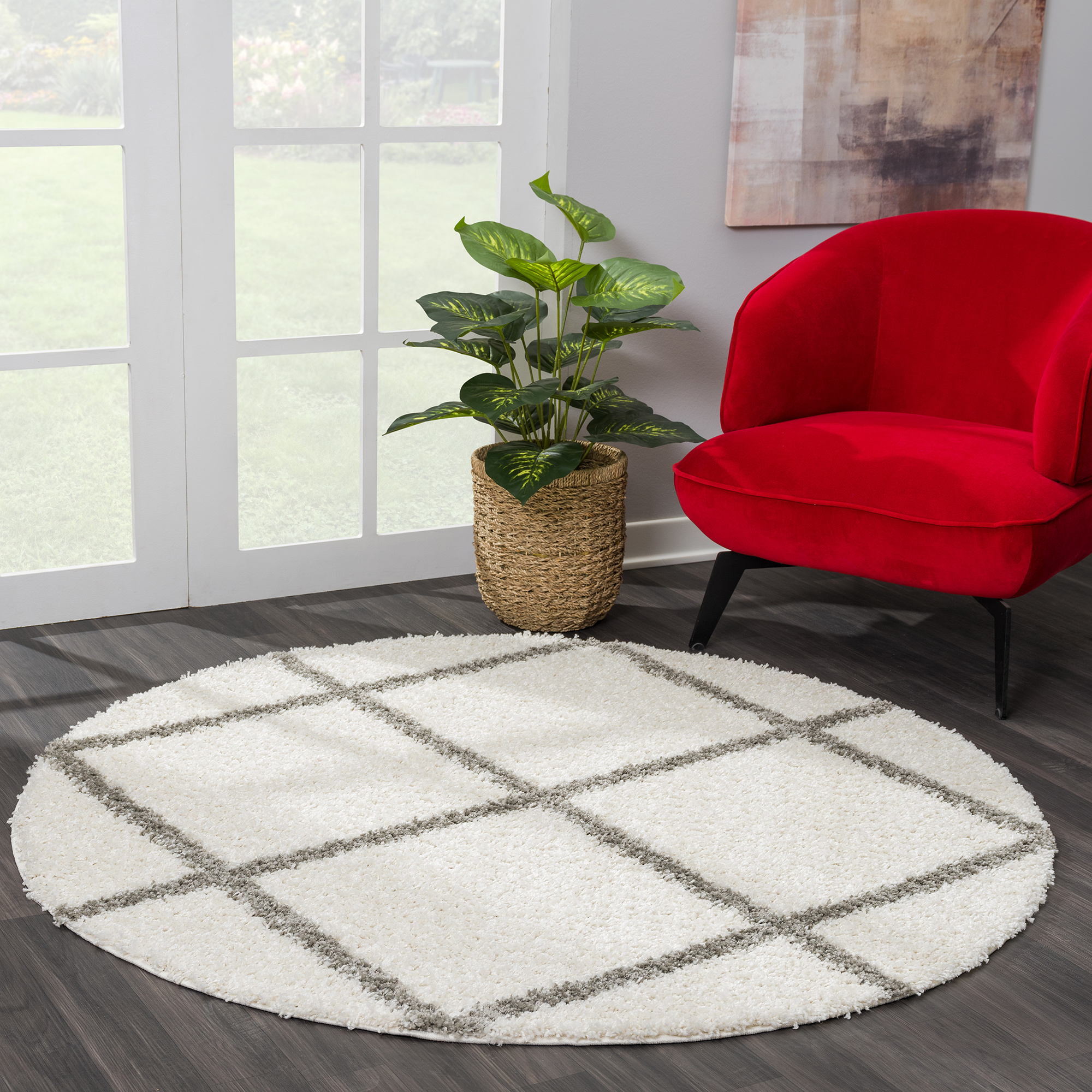 Hoogpolig Creme Rond Vloerkleed – Madrid Ruit Shaggy Tapijt – Fluffy & Luxe