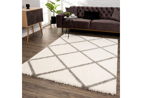 Hoogpolig Creme Vloerkleed – Madrid Ruit Shaggy Tapijt – Fluffy & Luxe