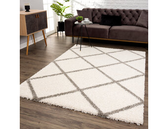 Hoogpolig Creme Vloerkleed – Madrid Ruit Shaggy Tapijt – Fluffy & Luxe