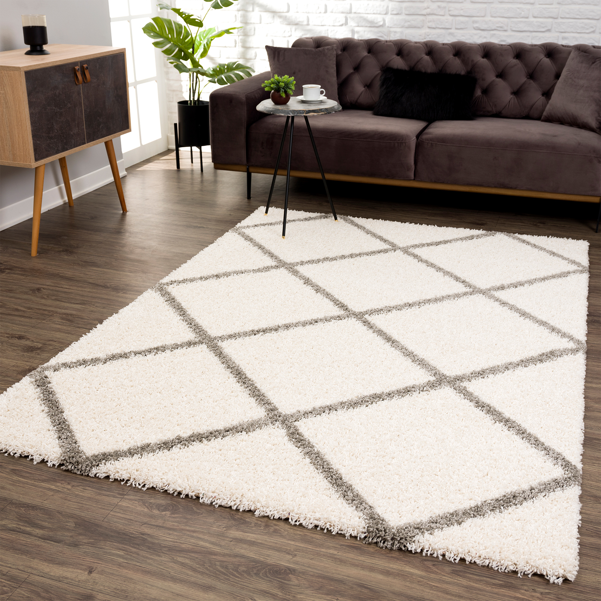 Hoogpolig Creme Vloerkleed – Madrid Ruit Shaggy Tapijt – Fluffy & Luxe