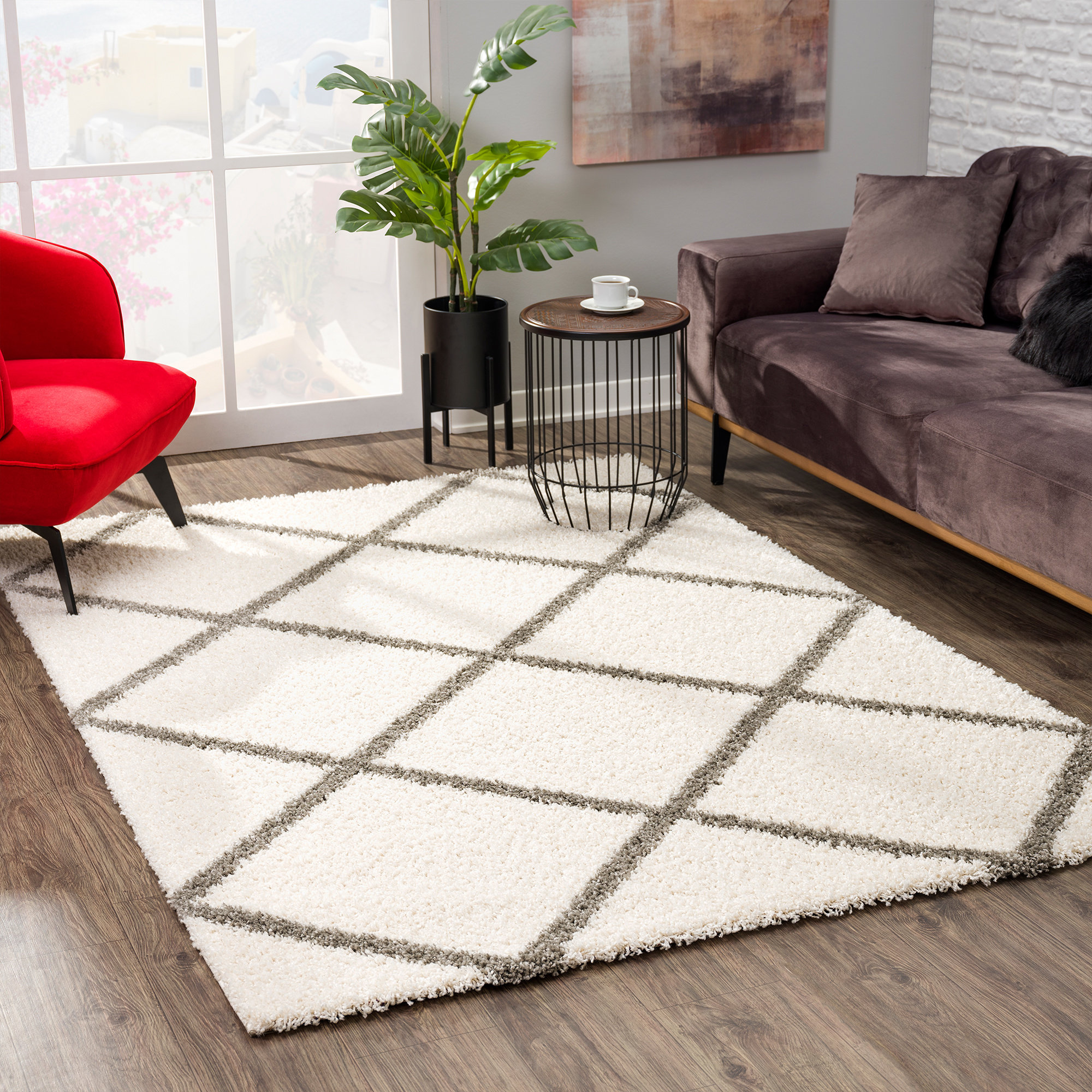 Hoogpolig Creme Vloerkleed – Madrid Ruit Shaggy Tapijt – Fluffy & Luxe