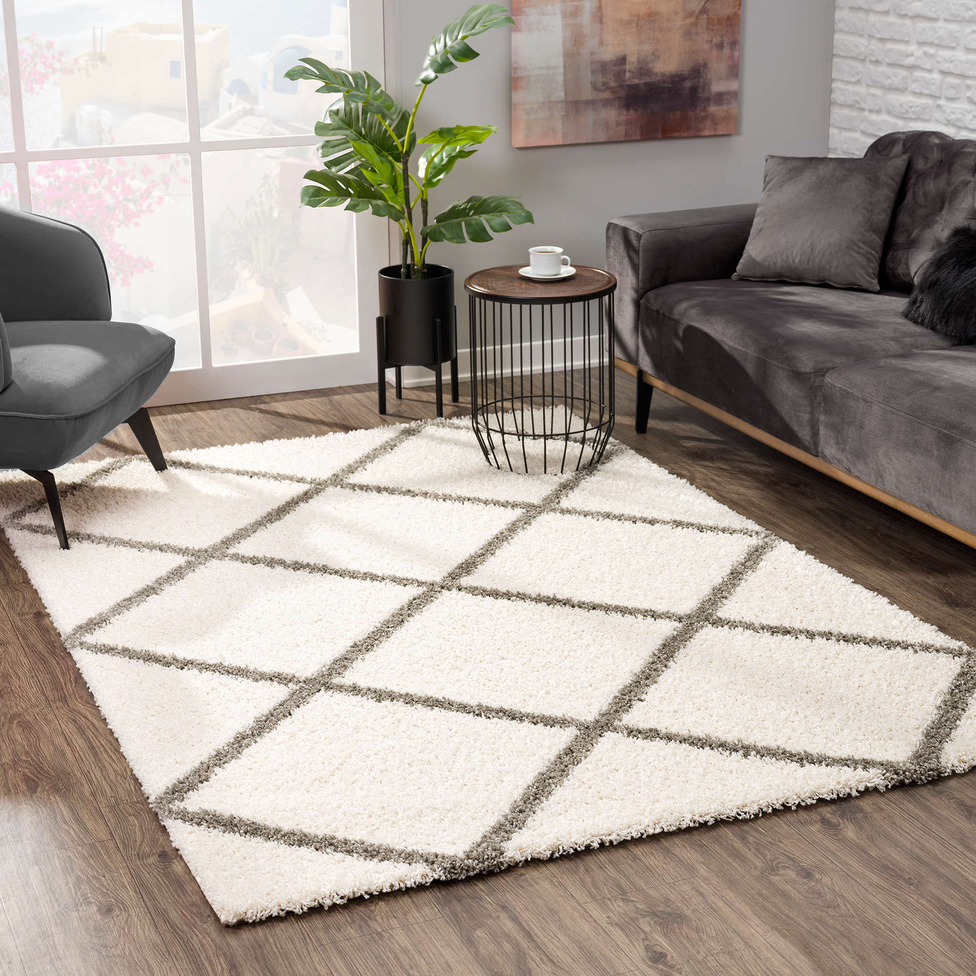 Hoogpolig Creme Vloerkleed – Madrid Ruit Shaggy Tapijt – Fluffy & Luxe