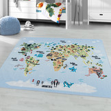 Play Vloerkleed Kinderkamer Wereldmap Laagpolig Blauw