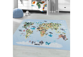 Tapijtenloods Play Vloerkleed Kinderkamer Wereldmap Laagpolig Blauw