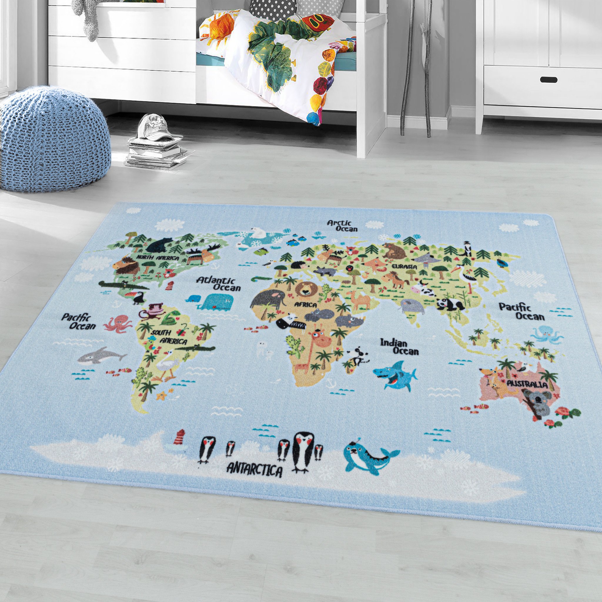 Tapijtenloods Play Vloerkleed Kinderkamer Wereldmap Laagpolig Blauw