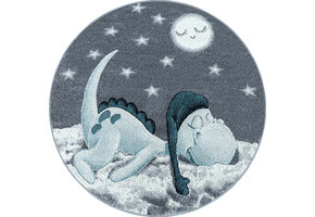 Bambi Dino Kinderkamer Rond Vloerkleed Laagpolig Blauw Grijs