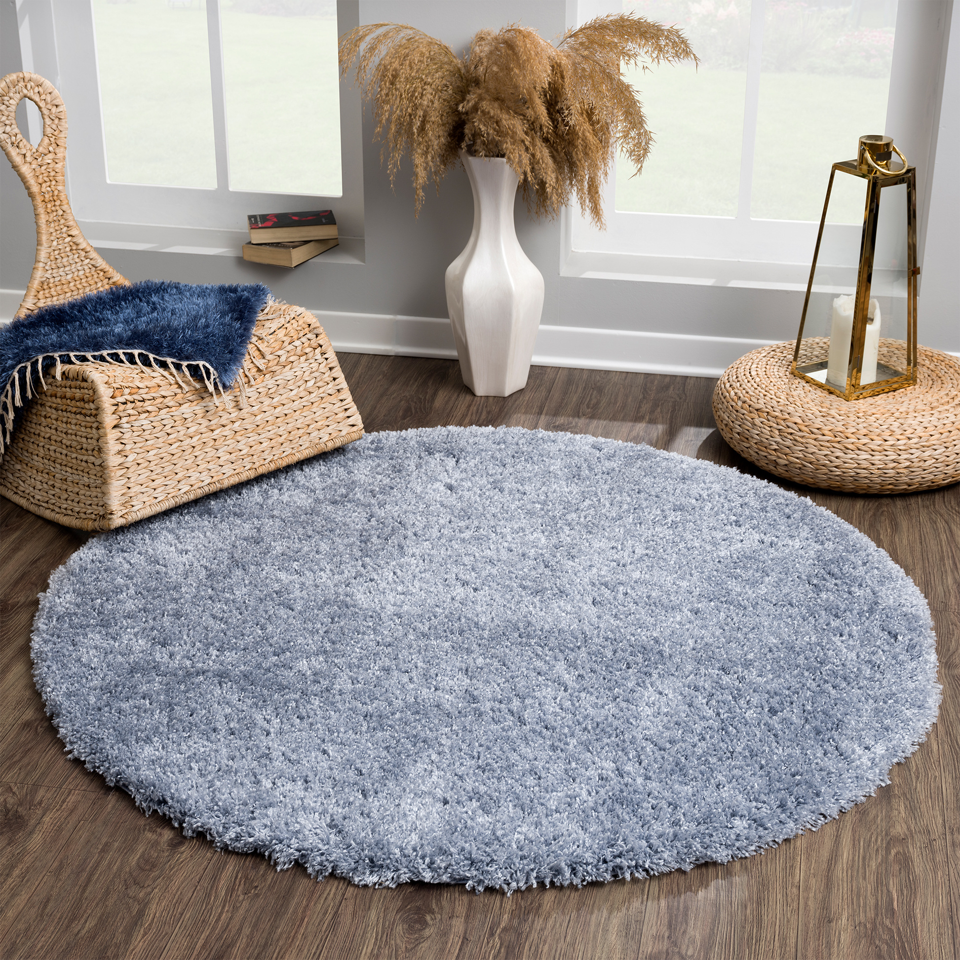 Porto Rond Soft Fluffy Vloerkleed Hoogpolig Effen Blauw