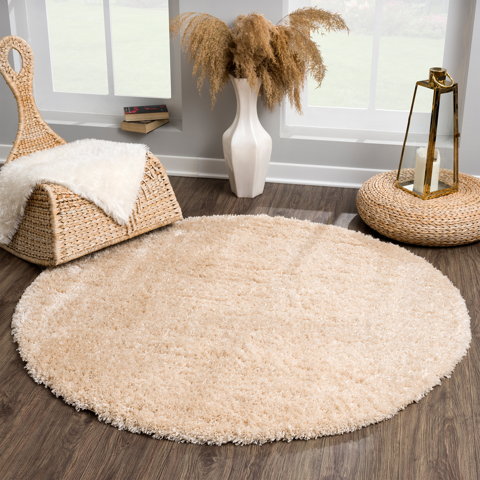 Porto Rond Soft Fluffy Vloerkleed Hoogpolig Effen Beige