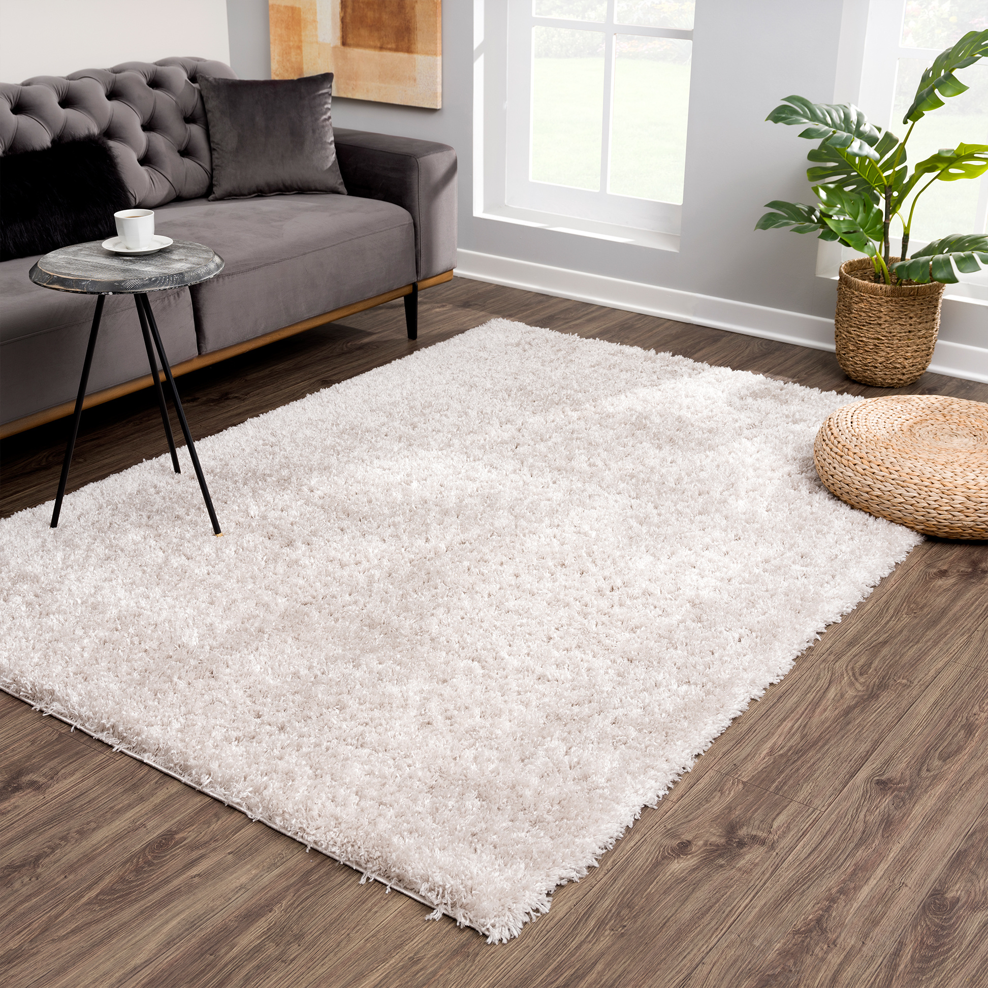 Porto Soft Fluffy Vloerkleed Hoogpolig Effen Licht Grijs