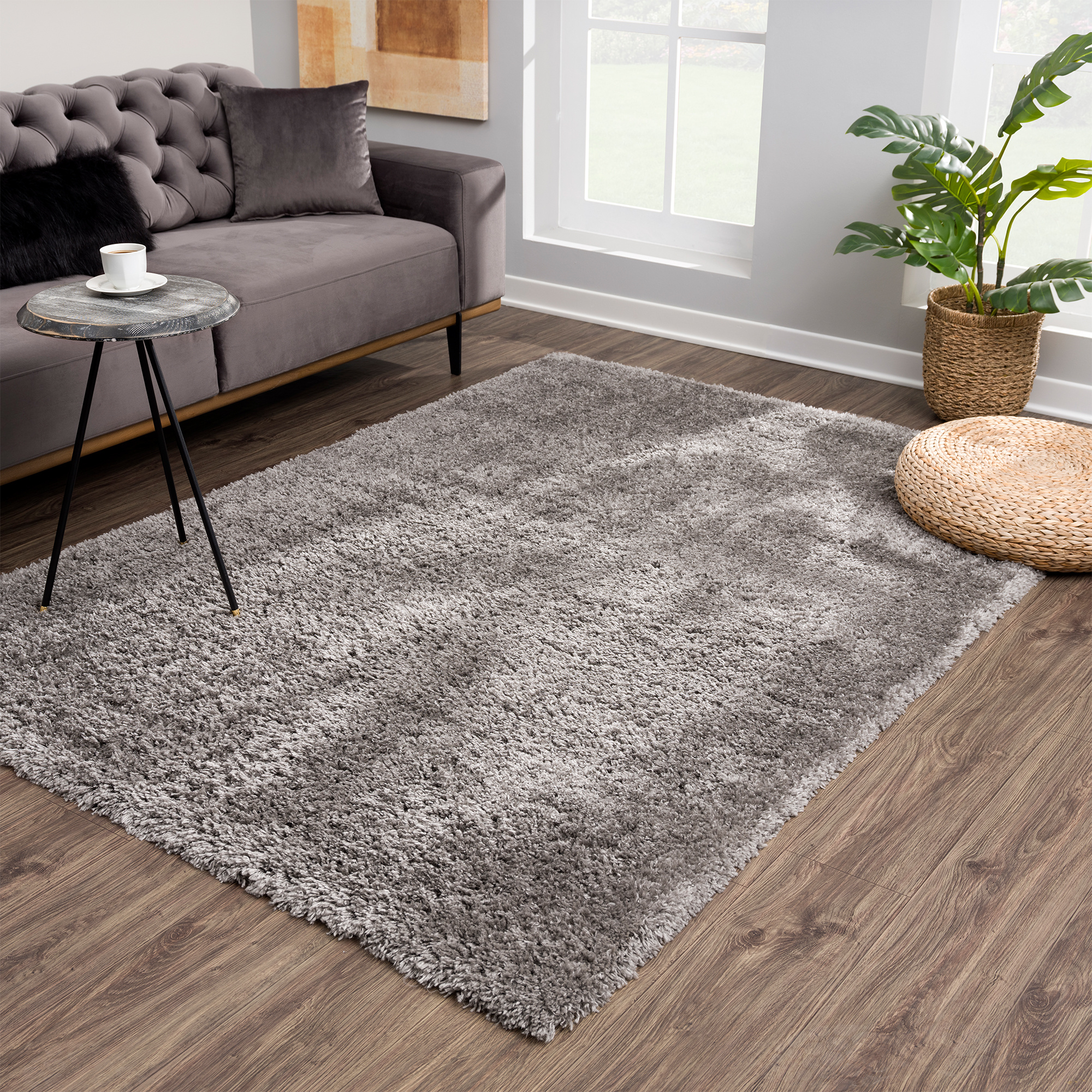 Porto Soft Fluffy Vloerkleed Hoogpolig Effen Donker Grijs