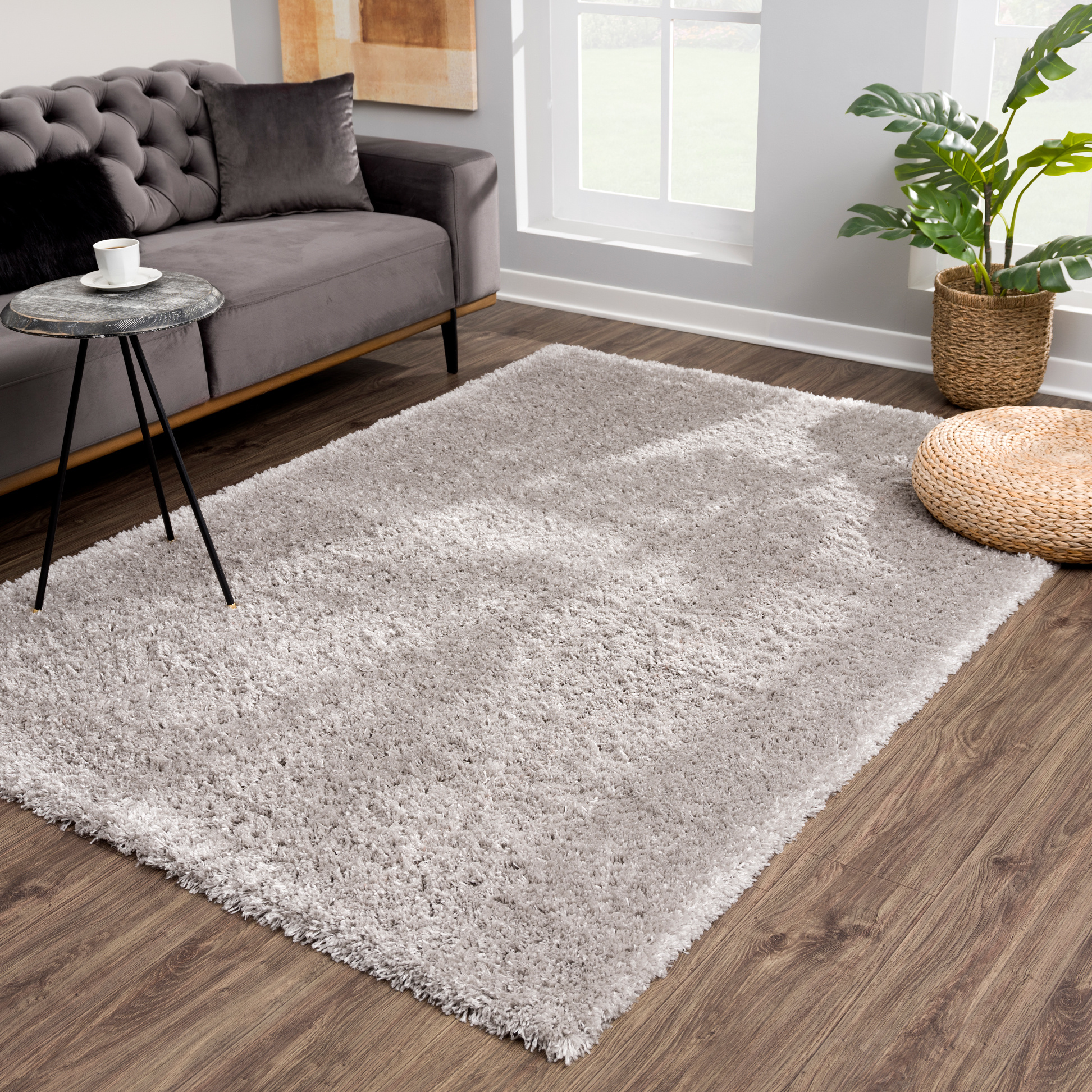 Porto Soft Fluffy Vloerkleed Hoogpolig Effen Grijs