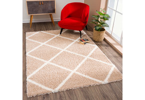 Tapijtenloods Madrid Shaggy Geruit Vloerkleed Beige Creme Hoogpolig
