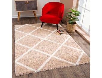 Tapijtenloods Madrid Shaggy Geruit Vloerkleed Beige Creme Hoogpolig
