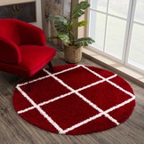 Tapijtenloods Madrid Shaggy Rond Geruit Vloerkleed Rood Creme Hoogpolig