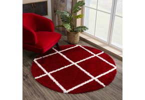 Tapijtenloods Madrid Shaggy Rond Geruit Vloerkleed Rood Creme Hoogpolig