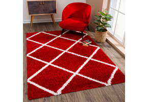 Tapijtenloods Madrid Shaggy Geruit Vloerkleed Rood Creme Hoogpolig