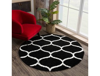 Tapijtenloods Madrid Shaggy Rond Design Vloerkleed Zwart Creme Hoogpolig