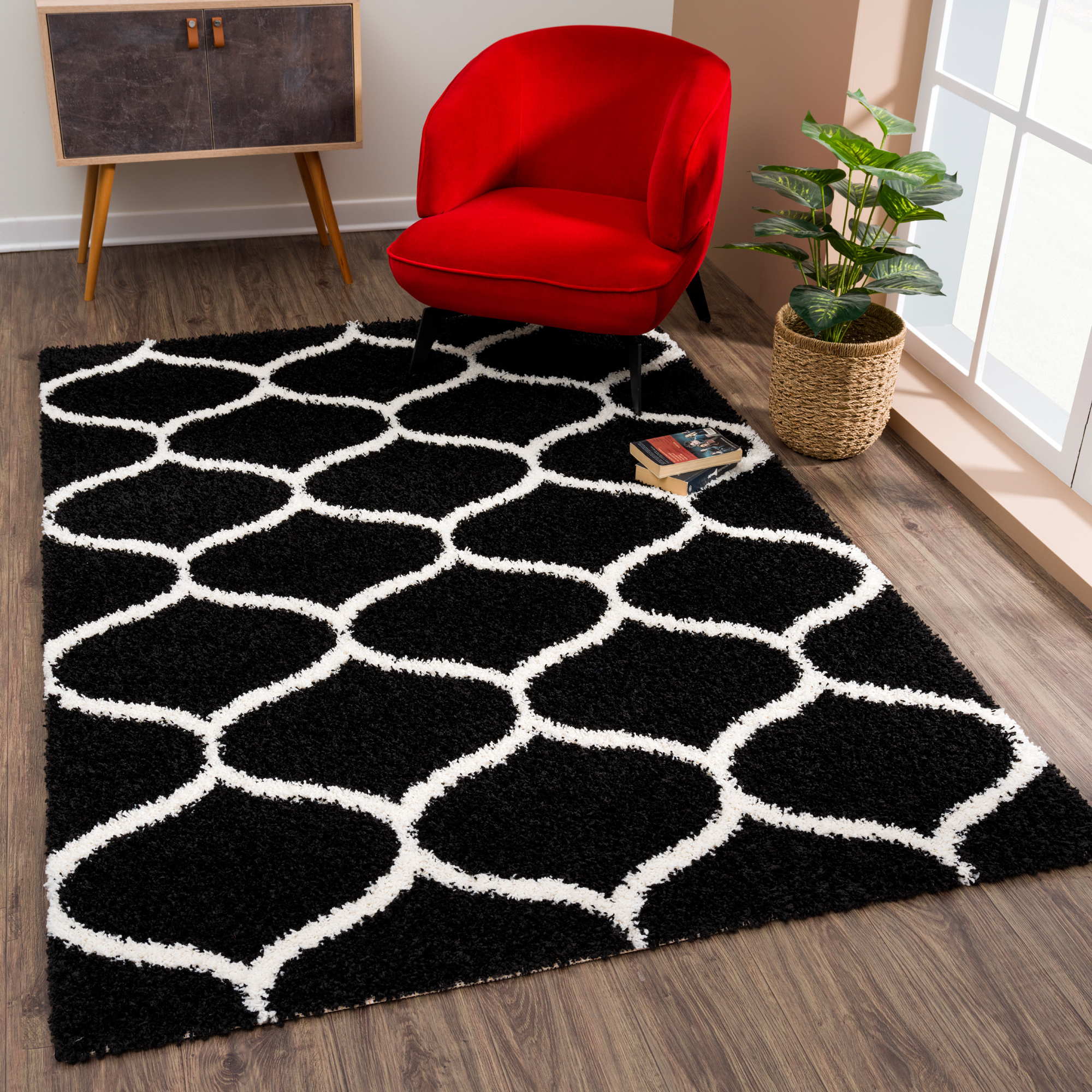 Tapijtenloods Madrid Shaggy Design Vloerkleed Zwart Creme Hoogpolig