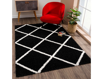 Tapijtenloods Madrid Shaggy Geruit Vloerkleed Zwart Creme Hoogpolig