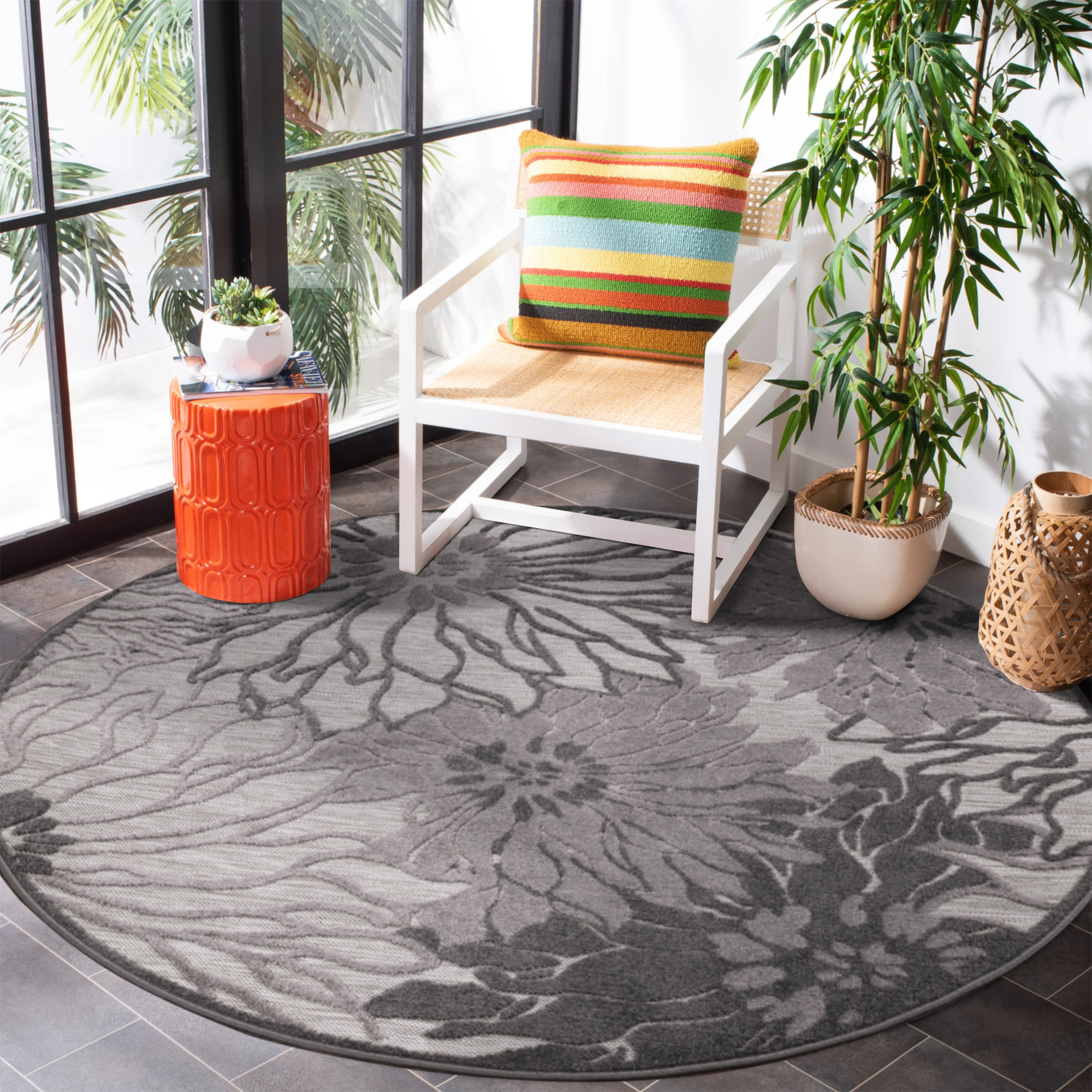 Floral Outdoor - Buitenkleed Tuin - Rond - Weerbestendig Vloerkleed - Grijs