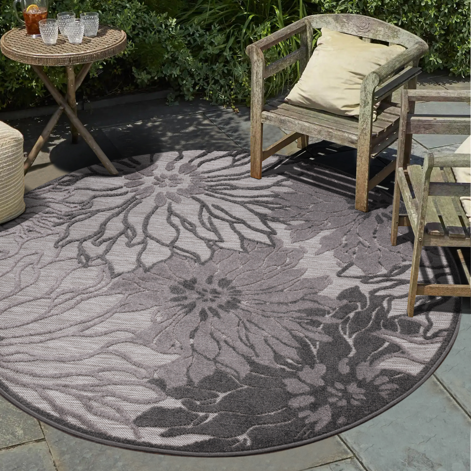 Floral Rond Buitenkleed Grijs