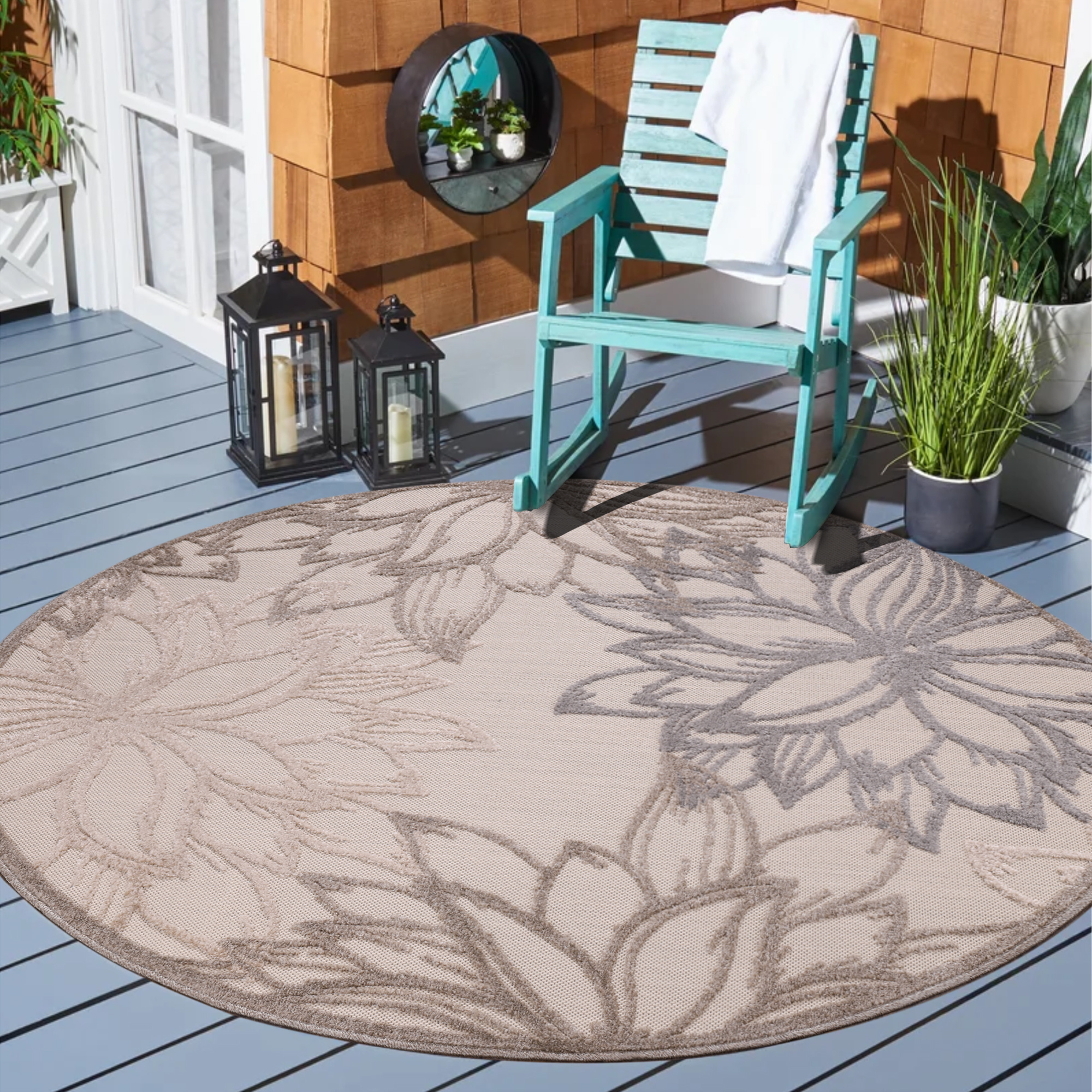 Floral Outdoor - Buitenkleed Tuin - Rond - Weerbestendig Vloerkleed - Creme