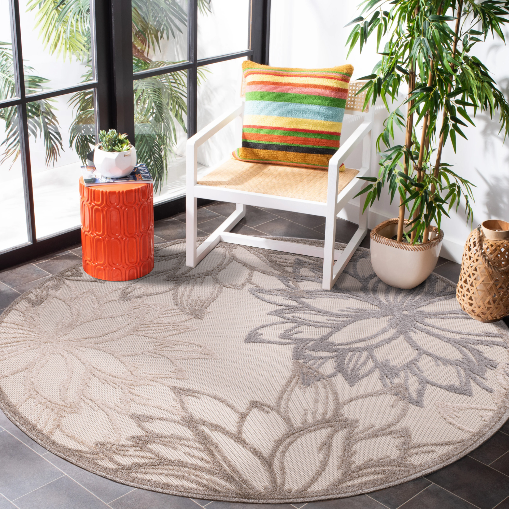 Floral Outdoor - Buitenkleed Tuin - Rond - Weerbestendig Vloerkleed - Creme