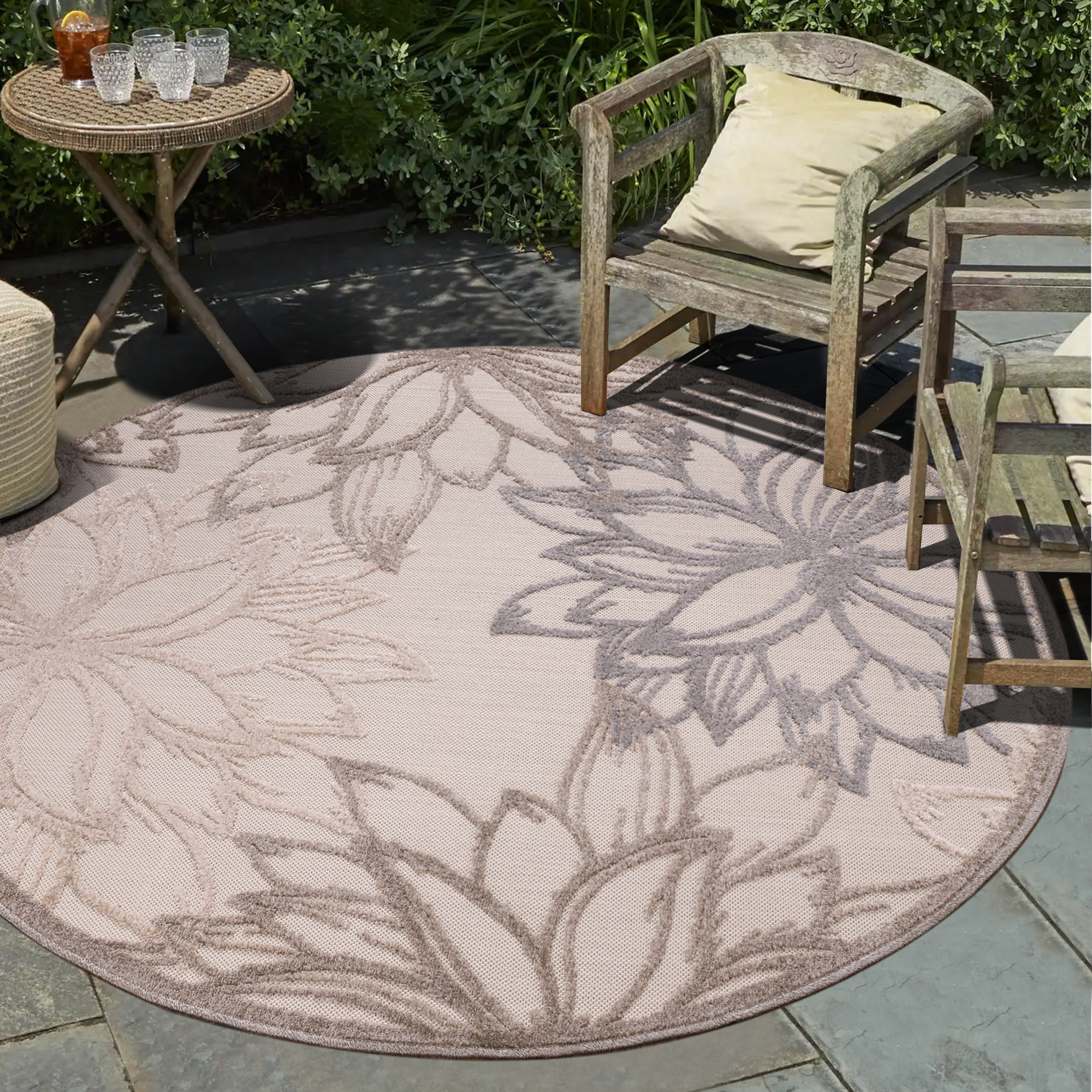 Floral Outdoor - Buitenkleed Tuin - Rond - Weerbestendig Vloerkleed - Creme