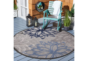 Floral Outdoor - Buitenkleed Tuin - Rond - Weerbestendig Vloerkleed - Grijs