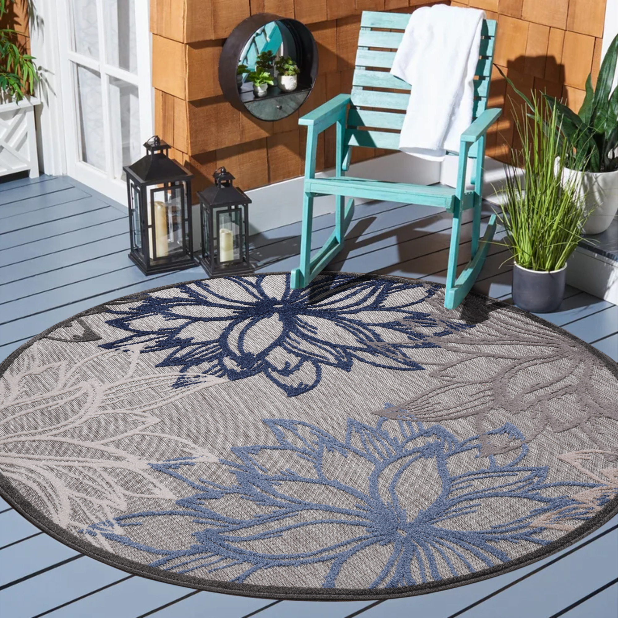 Floral Rond Buitenkleed Grijs