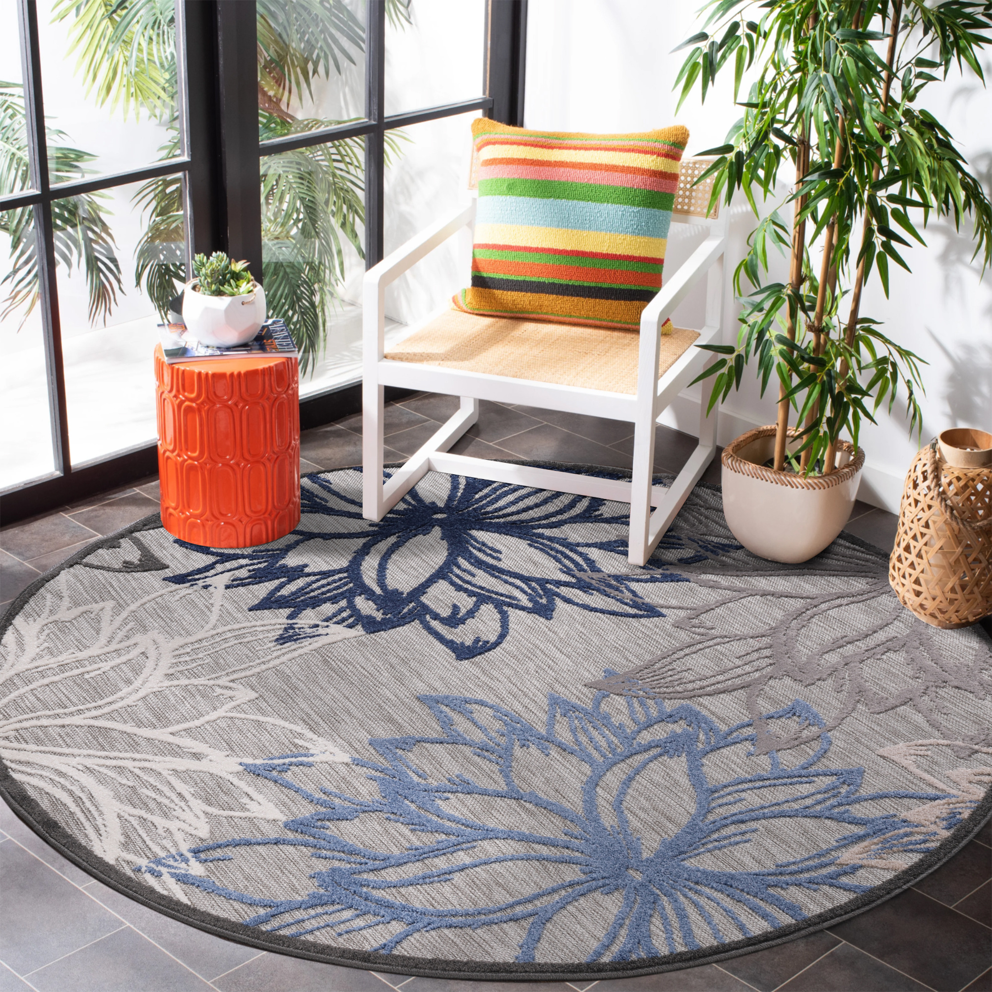 Floral Rond Buitenkleed Grijs