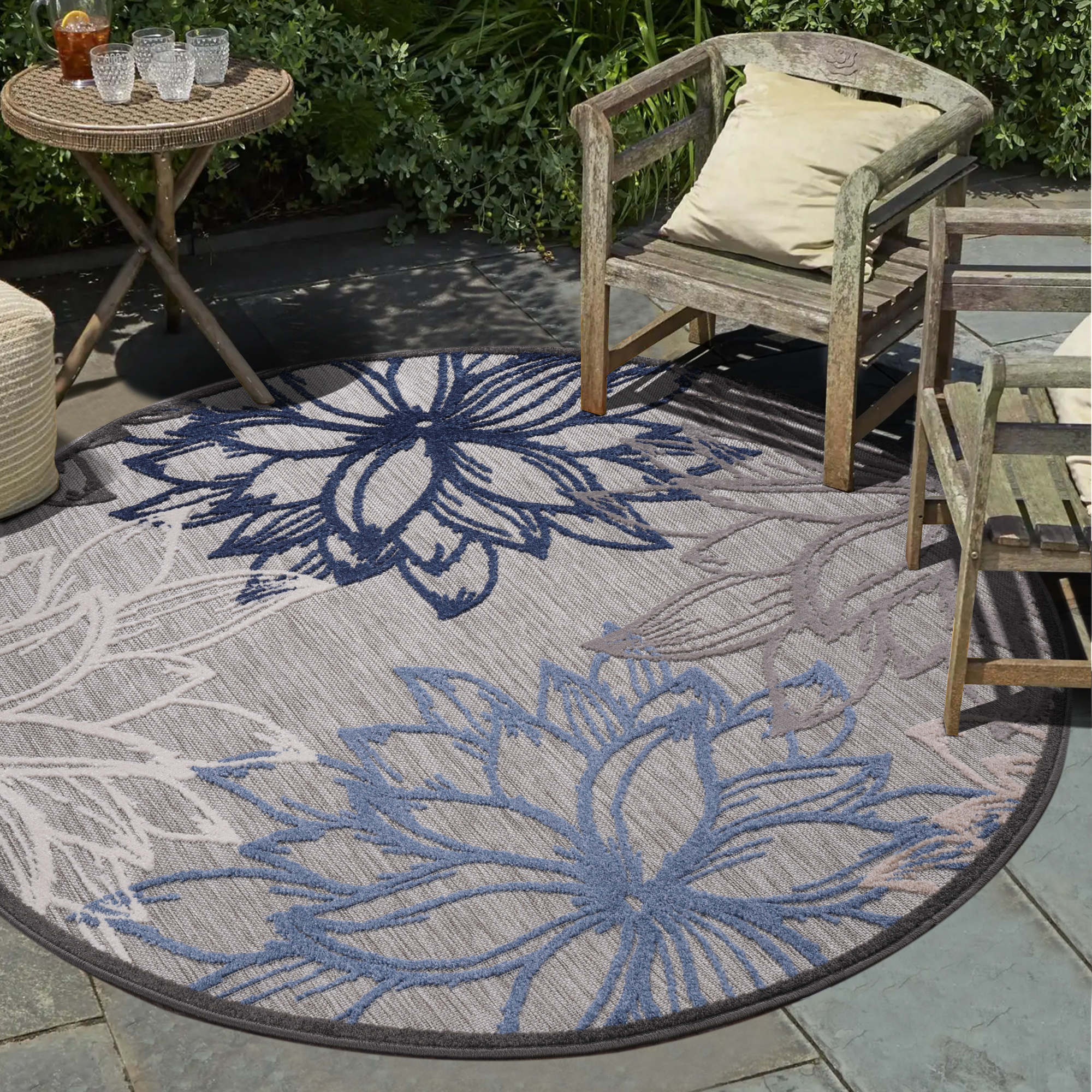Floral Rond Buitenkleed Grijs