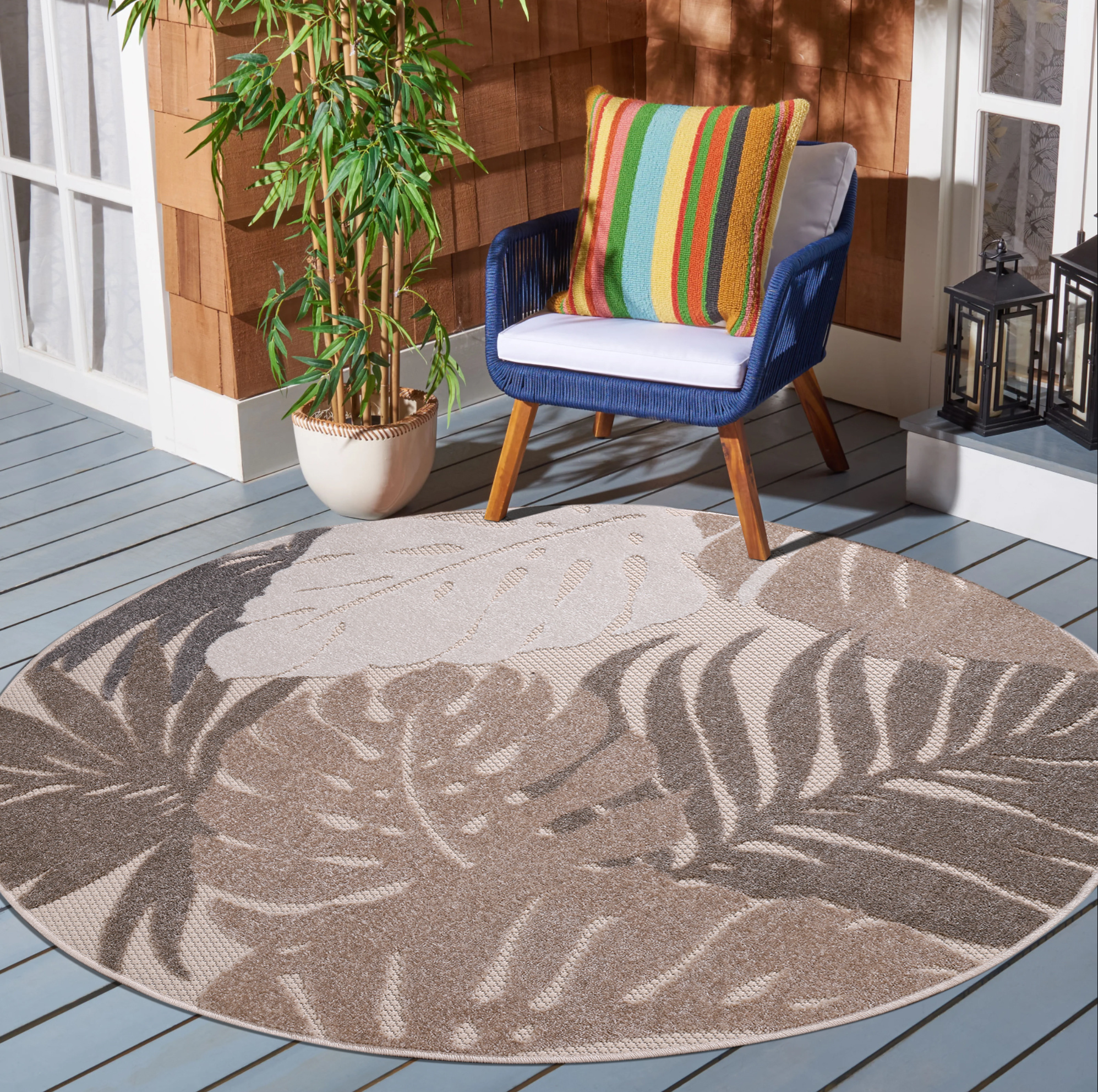 Floral Outdoor - Buitenkleed Tuin - Rond - Weerbestendig Vloerkleed - Beige