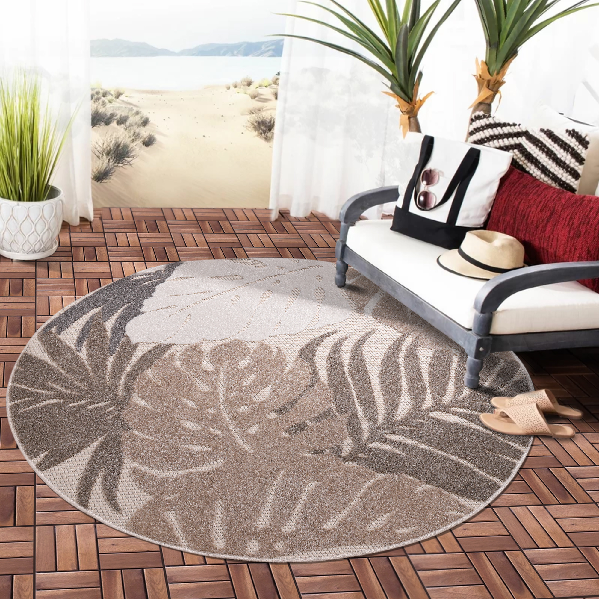 Floral Outdoor - Buitenkleed Tuin - Rond - Weerbestendig Vloerkleed - Beige