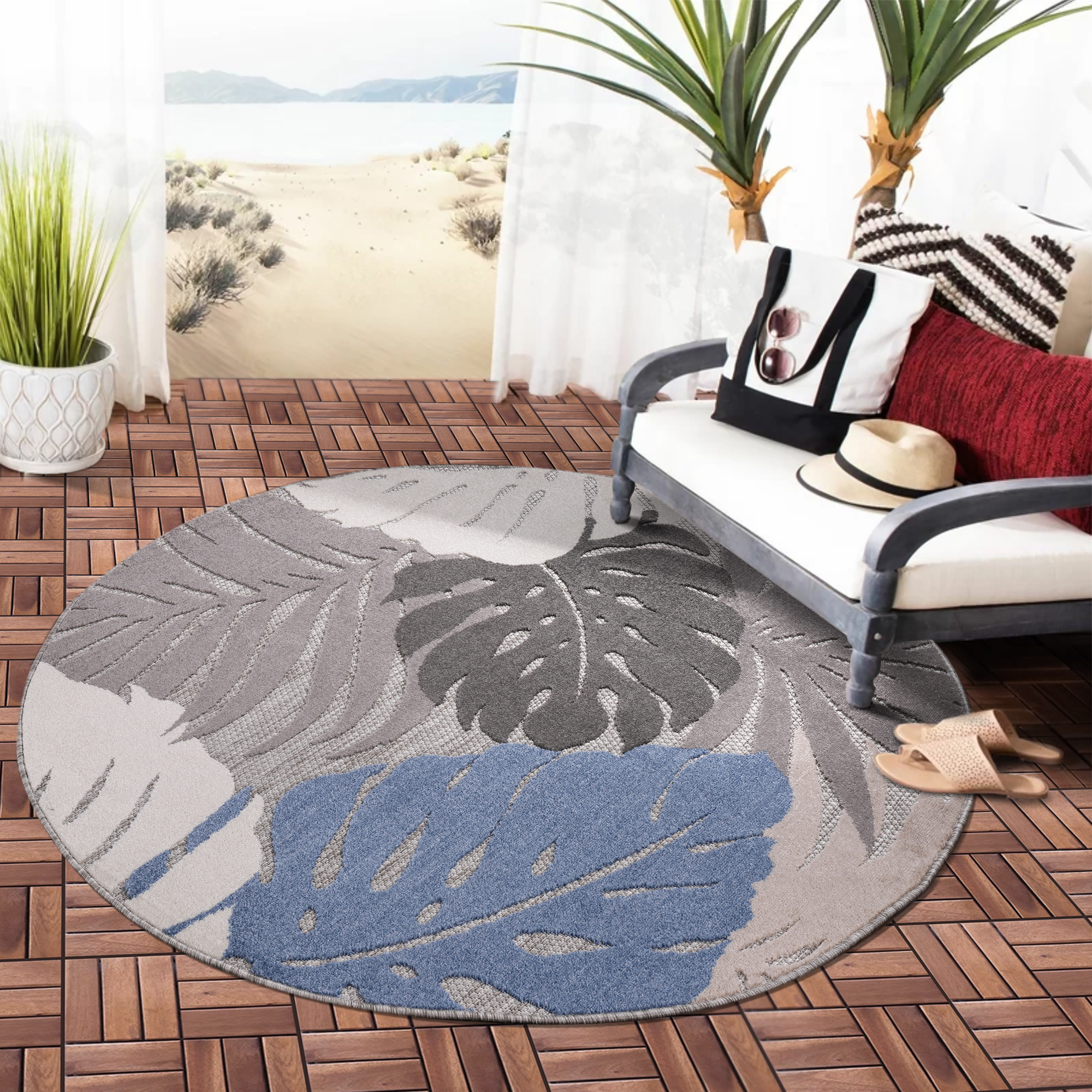 Floral Outdoor - Buitenkleed Tuin - Rond - Weerbestendig Vloerkleed - Beige